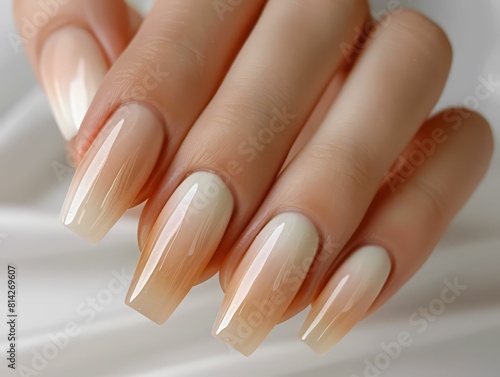 Close-up of a hand with an almond shaped nails with a gradient from white to brown color