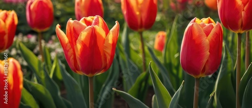 red tulips are in a field of green grass