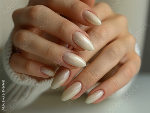 Close-up of a woman's hands with a natural manicure.