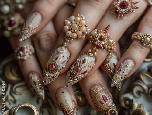 ornate and detailed nail art with pearls and jewels