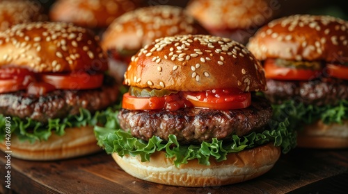 A close-up image showcasing a variety of freshly prepared cheeseburgers with sesame seed buns, lettuce, tomatoes, pickles, and juicy beef patties, garnished with tangy sauces and ready to be enjoyed
