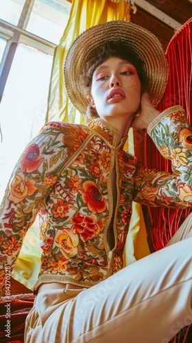 A young woman wearing a floral embroidered jacket and a straw hat poses dramatically near a red draped window  evoking a vintage fashion aesthetic
