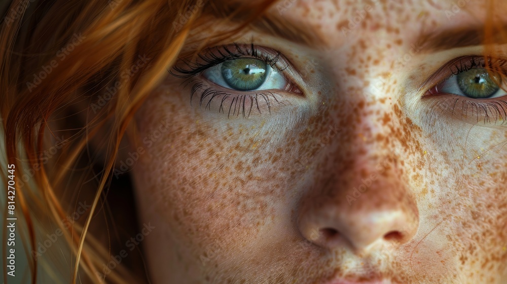 Close-up portrait of a young woman with freckles and striking green eyes, exuding a deep, introspective gaze that captures a moment of serene self-reflection Close-up portrait of a young woman with freckles and striking green eyes, exuding a deep, introspective gaze that captures a moment of serene self-reflection