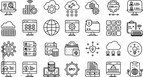 Web hosting icon set. Linear icon collection, Editable stroke, Vector illustration.