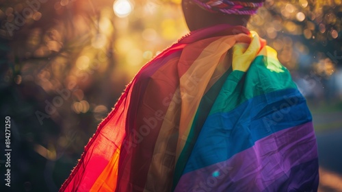 Close-up of an unidentifiable person draped in a rainbow flag, with a blurred natural background illuminated by warm sunlight photo