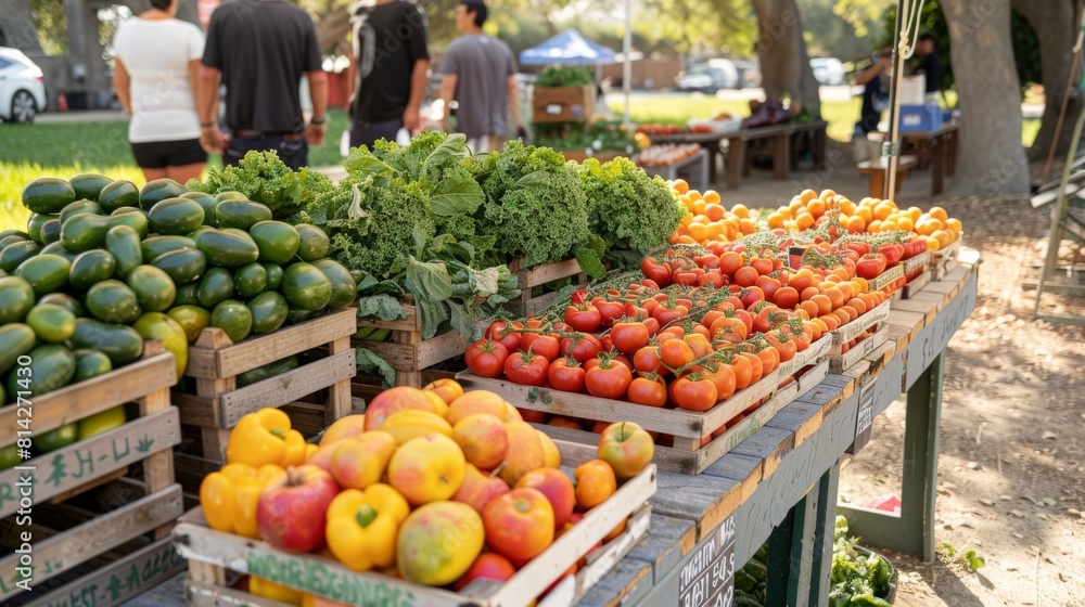 Vibrant farmers' market display featuring an assortment of fresh, ripe tomatoes in a bustling outdoor setting.