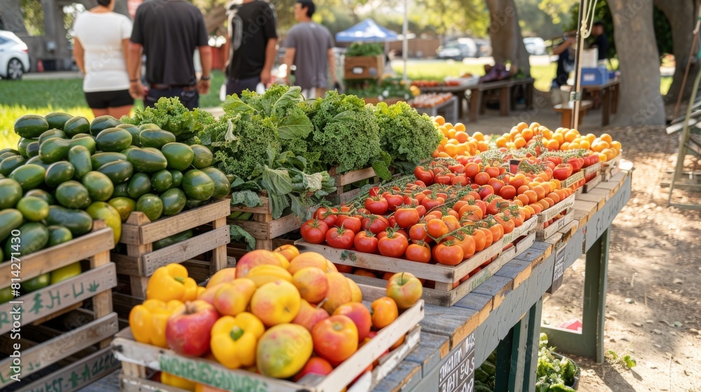 Vibrant farmers' market display featuring an assortment of fresh, ripe tomatoes in a bustling outdoor setting. Vibrant farmers' market display featuring an assortment of fresh, ripe tomatoes in a bustling outdoor setting.