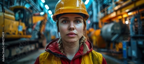 A Worker Wearing a Yellow Helmet and Red Vest Stands in Front of Heavy Machinery such as Excavators and Cranes, with Construction Equipment Visible in the Background