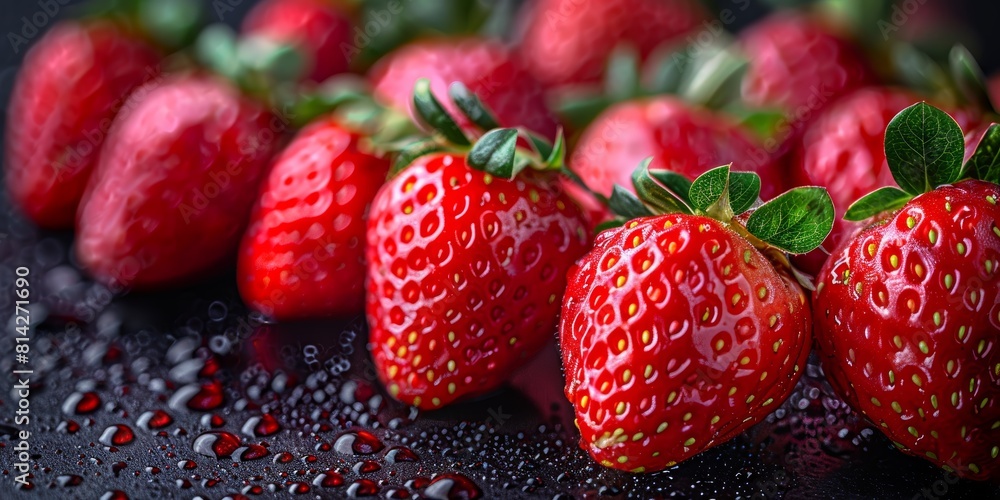 Fresh juicy strawberries with vibrant green leaves sprinkled with water droplets, arranged close-up on a dark background, showcasing their rich red textures and natural shine Fresh juicy strawberries with vibrant green leaves sprinkled with water droplets, arranged close-up on a dark background, showcasing their rich red textures and natural shine