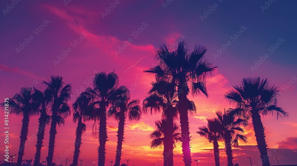 Obraz premium Palm trees silhouettes at colorful sunset background, gradient sunset palm trees wallpaper
