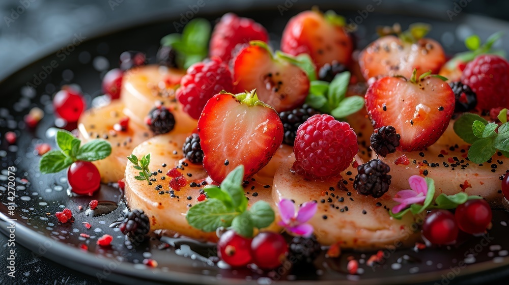 Elegant black plate featuring sliced peaches garnished with strawberries, blackberries, red currants, and fresh mint leaves drizzled with syrup for a sophisticated dessert presentation Elegant black plate featuring sliced peaches garnished with strawberries, blackberries, red currants, and fresh mint leaves drizzled with syrup for a sophisticated dessert presentation