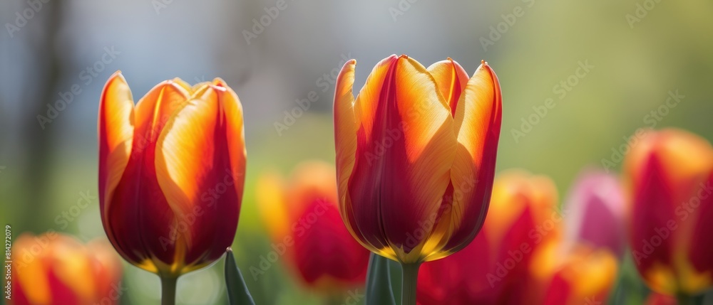 Fototapeta premium red tulips are in a field of green grass