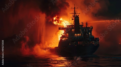 Cargo ship burning in the middle of the sea © Fajar