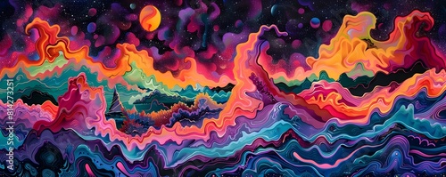 Vibrant Psychedelic Landscape Painting with MindBending Waves of Intense Neon Colors and Volcanic Forms Emerging from a Cosmic Sea photo