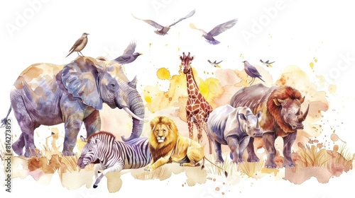 Common Safari Animals gathered together on a white background