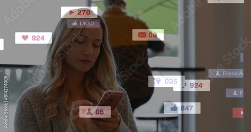 Image of social media data processing over caucasian woman using smartphone