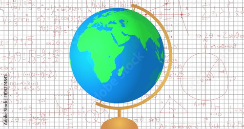 Image of globe model icon and mathematical equations against square lined paper background