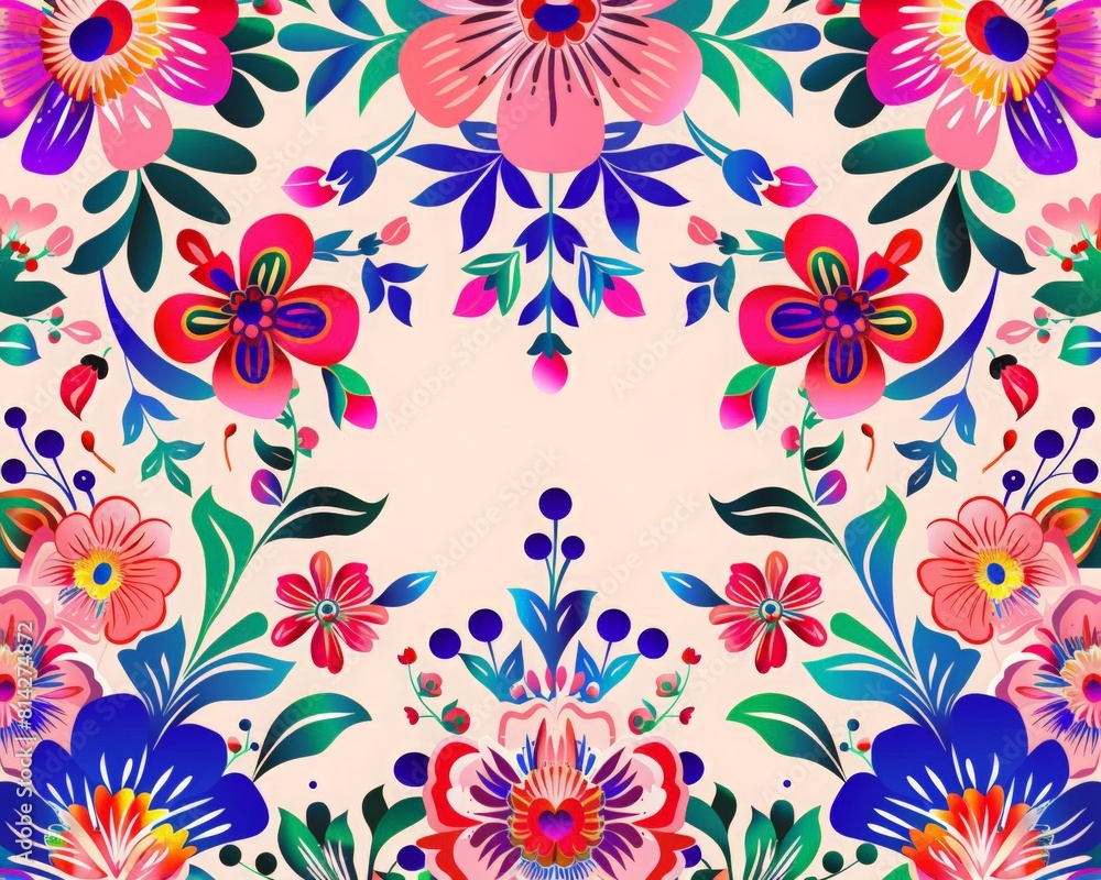 Frame made of colorful flowers on pastel pink background. Mexican traditional folk art border pattern. Cinco de Mayo celebration concept. Greeting card with place for text. Frame made of colorful flowers on pastel pink background. Mexican traditional folk art border pattern. Cinco de Mayo celebration concept. Greeting card with place for text.