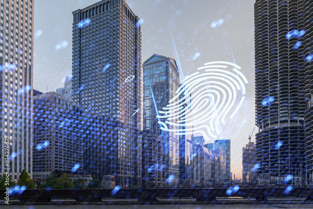Obraz premium Cityscape with a hologram fingerprint overlay, photo manipulation, urban blue twilight background, security and technology concept. Double exposure