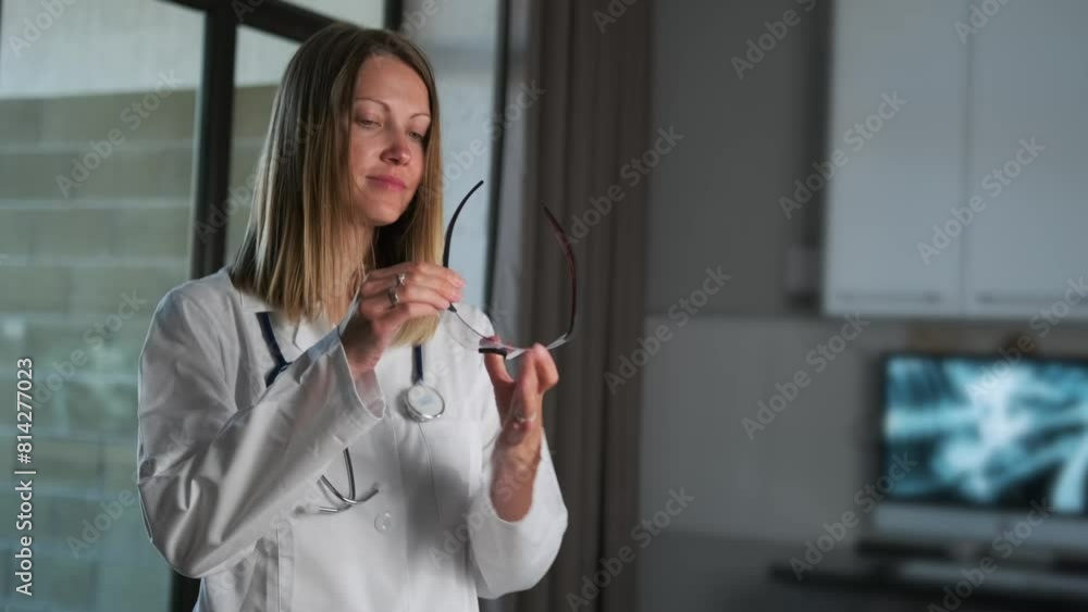 Young nurse in medical center wipes safety goggles and adjusts stethoscope while standing in a white coat in a clinic office getting ready to work, slow motion, portrait of female doctor.