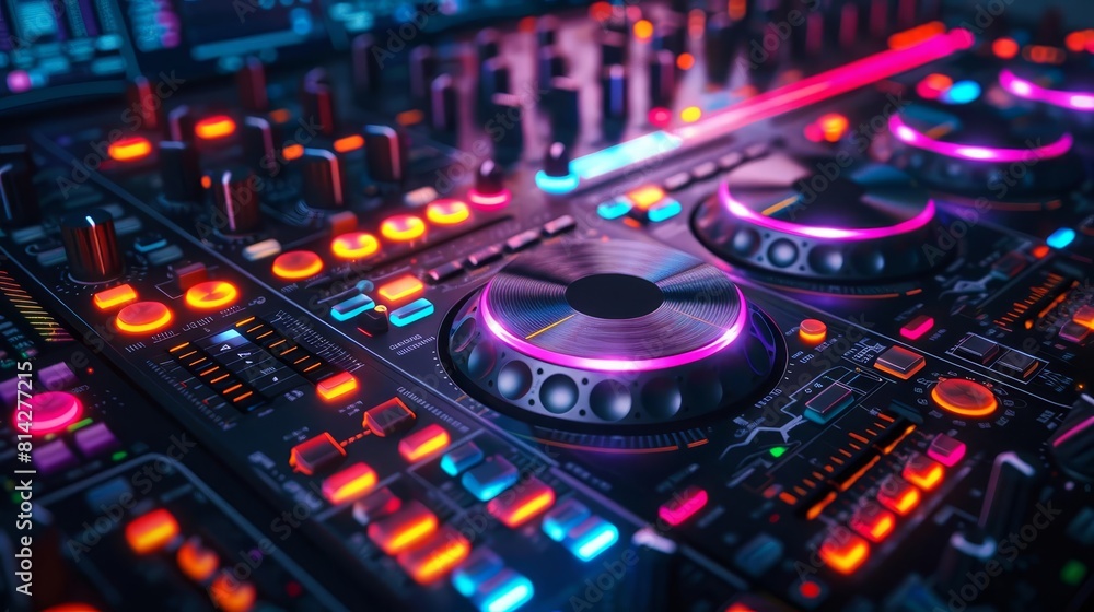 A digital DJ mixing console interface with vibrant waveforms, sliders, and tactile control elements on a touchscreen A digital DJ mixing console interface with vibrant waveforms, sliders, and tactile control elements on a touchscreen