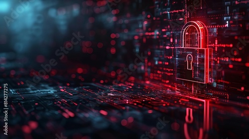 A digital security tech banner  featuring a padlock graphic with ample copy space on a cyberthemed background