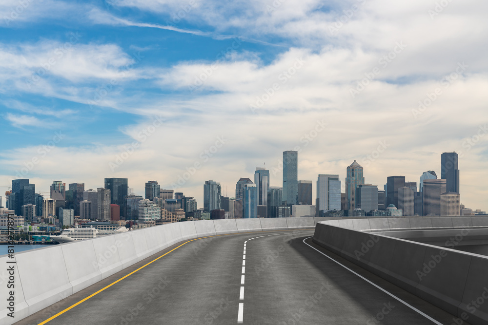 Empty urban asphalt road exterior with city buildings background. New modern highway concrete construction. Concept way to success. Transportation logistic industry fast delivery. Seattle. USA. Empty urban asphalt road exterior with city buildings background. New modern highway concrete construction. Concept way to success. Transportation logistic industry fast delivery. Seattle. USA.