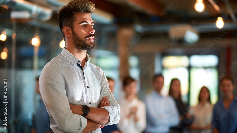 Fototapeta premium young entrepreneur or team leader talking in front of business people explain his future plans to raise funding for the start up, public speaking or leadership concept