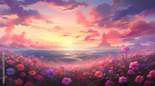 A beautiful field of flowers at sunset