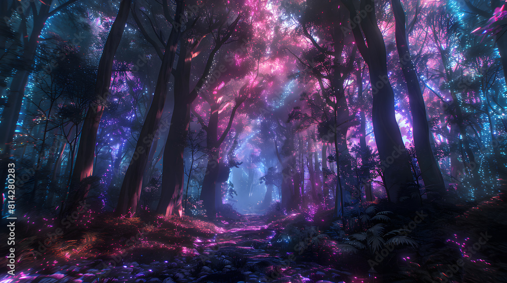 Fototapeta premium the forest with colorful rays penetrating the trees, making the forest look sparkling and beautiful