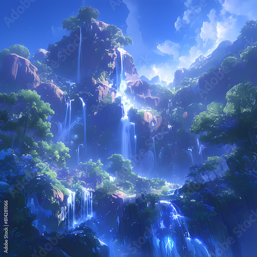 A breathtaking cascade of blue waters set against a lush landscape  perfect for advertising and branding.