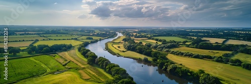 Little Baddow near Chelmsford, Essex, Aerial view of fields and farms surrounding River Chelmer canal and locks realistic nature and landscape photo