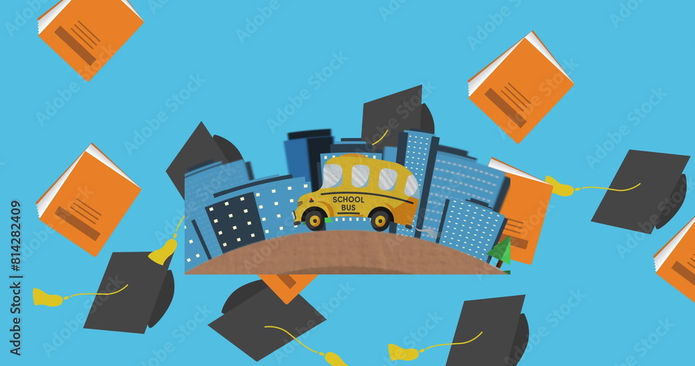 Obraz premium Graduation hat and book icons falling over school bus icon against blue background