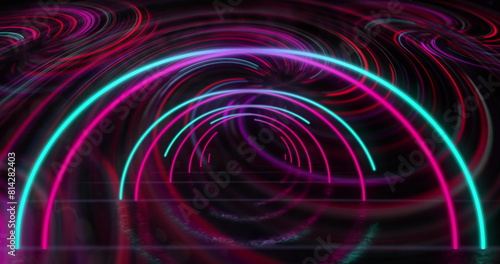 Image of pink and blue neon arch and swirls moving on black background photo