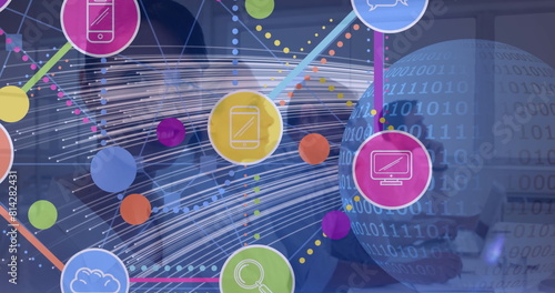 Image of globe of network of connections with icons over business people