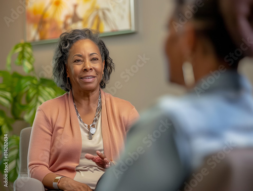 A woman in a consultation with a therapist, interacting in a warm, inviting office setting. Generative AI photo