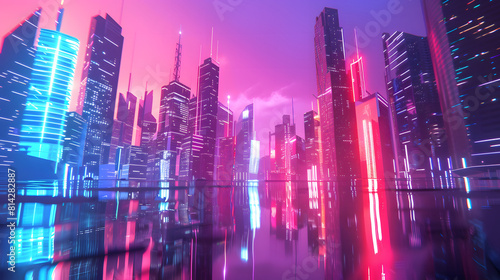 Futuristic cityscape with skyscrapers with blue and red holographic neon lights. reflects onto the shiny surface beneath. image for abstract background