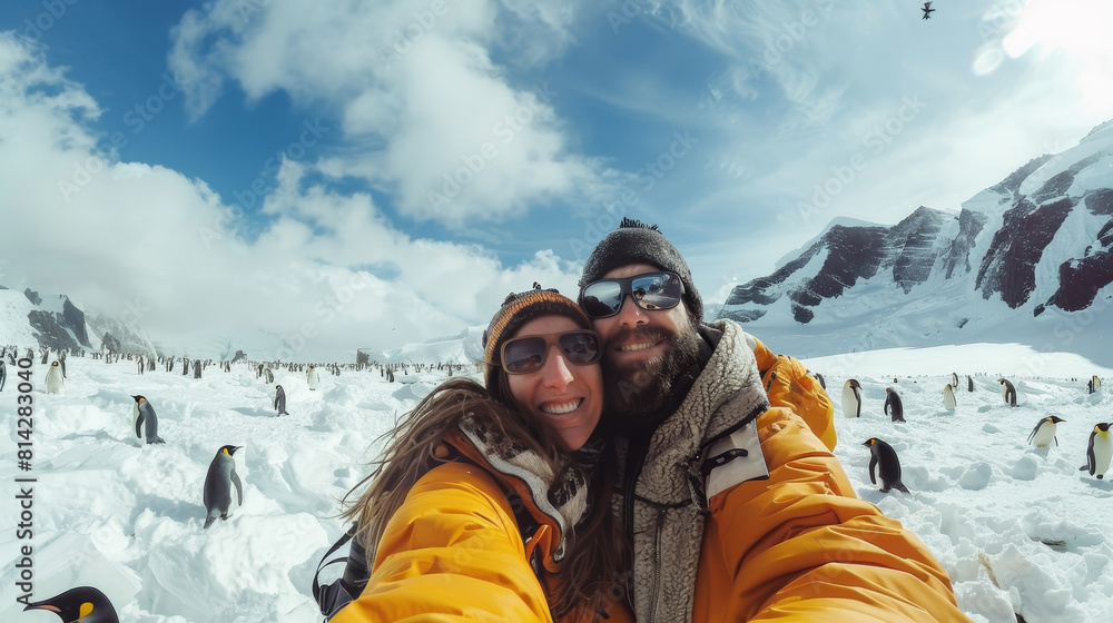 custom made wallpaper toronto digitalCouple taking selfie with penguins in snow - An adventurous couple smiles as they take a selfie with a colony of penguins in a snowy Antarctic landscape