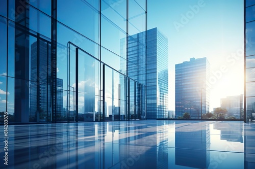 Modern office building with glass walls  blue sky and warm sunlight. Generative AI