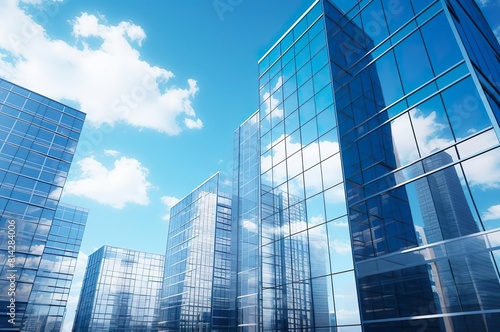 Modern office building with glass walls and blue sky. Generative AI.
