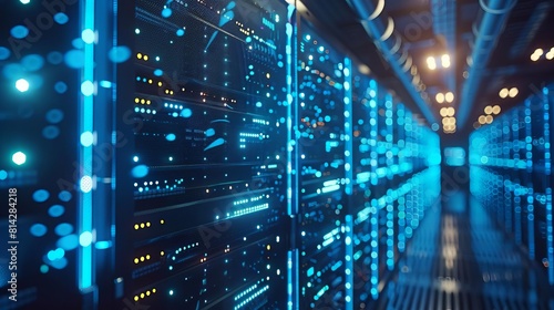 Wallpaper Mural A hightech server room with rows of servers emitting blue lights, with cables and digital displays Torontodigital.ca