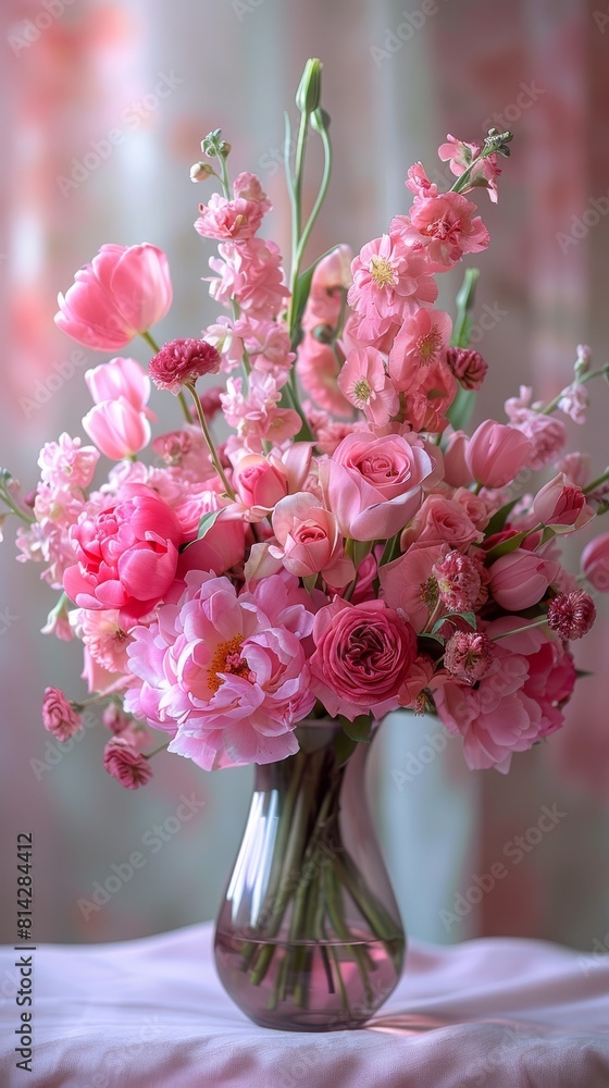A beautiful bouquet of a variety of pink flowers including roses, tulips and poppies. A beautiful bouquet of a variety of pink flowers including roses, tulips and poppies.