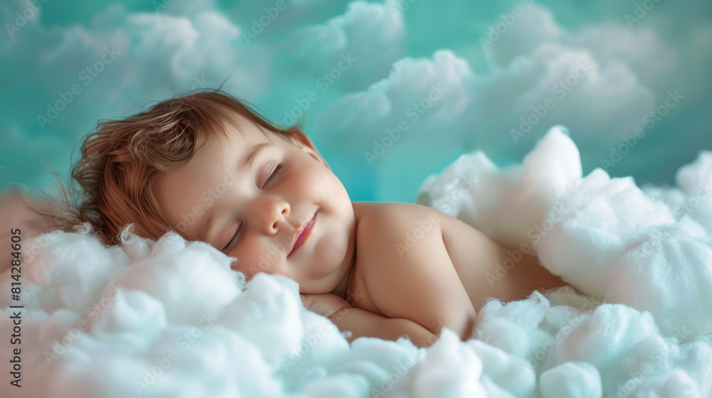 Sleeping baby surrounded by soft clouds - An adorable baby sleeps soundly amidst a bed of fluffy fake clouds, simulating a peaceful sky