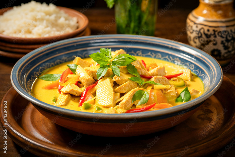 Bowl of Thai Yellow Curry on a Table with Rice Bowl of Thai Yellow Curry on a Table with Rice