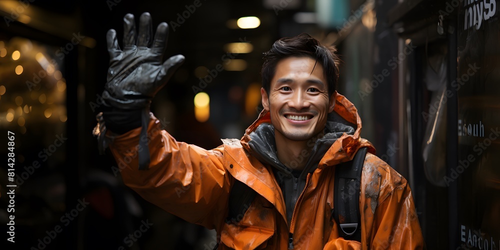 Happy Asian garbage man smiling and waving