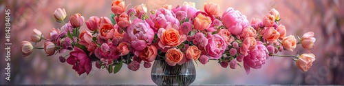 A beautiful bouquet of a variety of pink flowers including roses, tulips and poppies. 