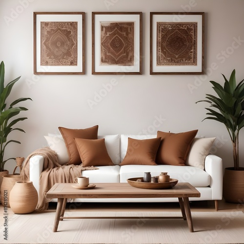 
Rustic coffee table near white sofa with brown pillows against wall with two poster frames. Boho ethnic home interior design of modern living room.

 photo
