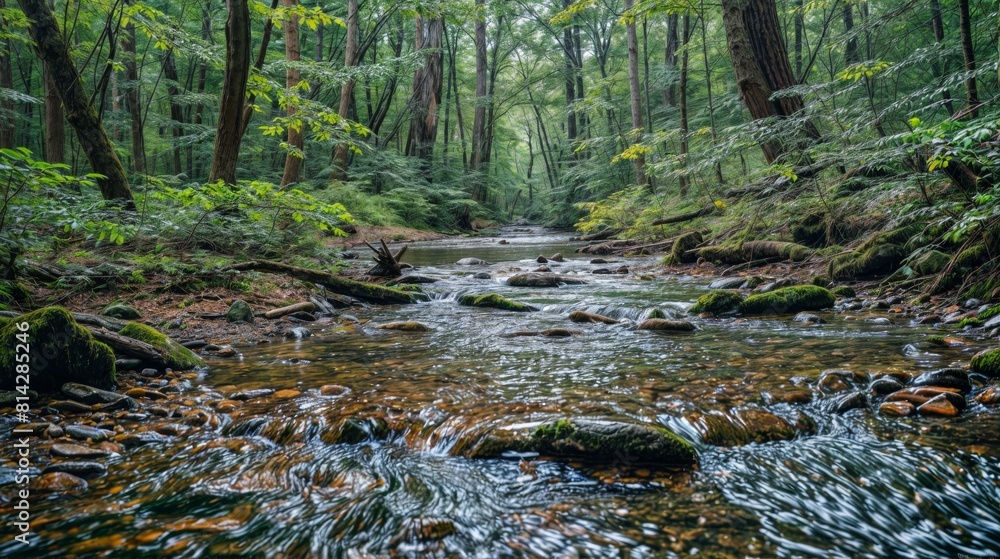 Obraz premium Stream in the green forest. Beautiful summer landscape with a mountain river