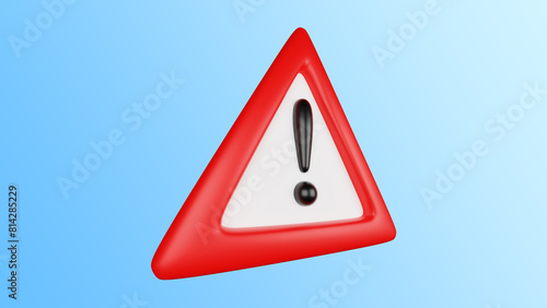 3D rendering of warning sign, red triangle with exclamation mark, on blue background.