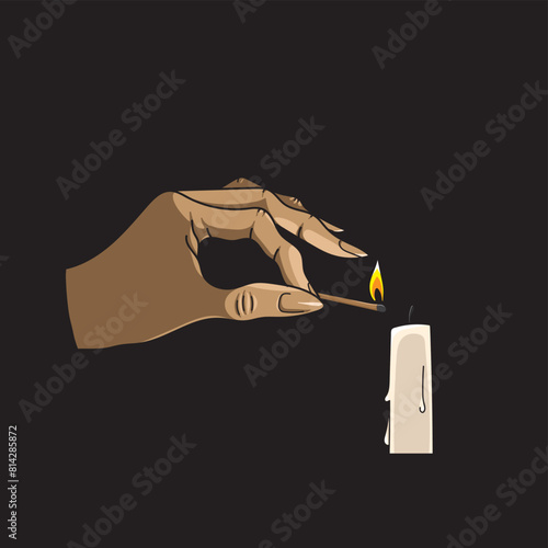 Hand Lighting Wax Candle Illustration